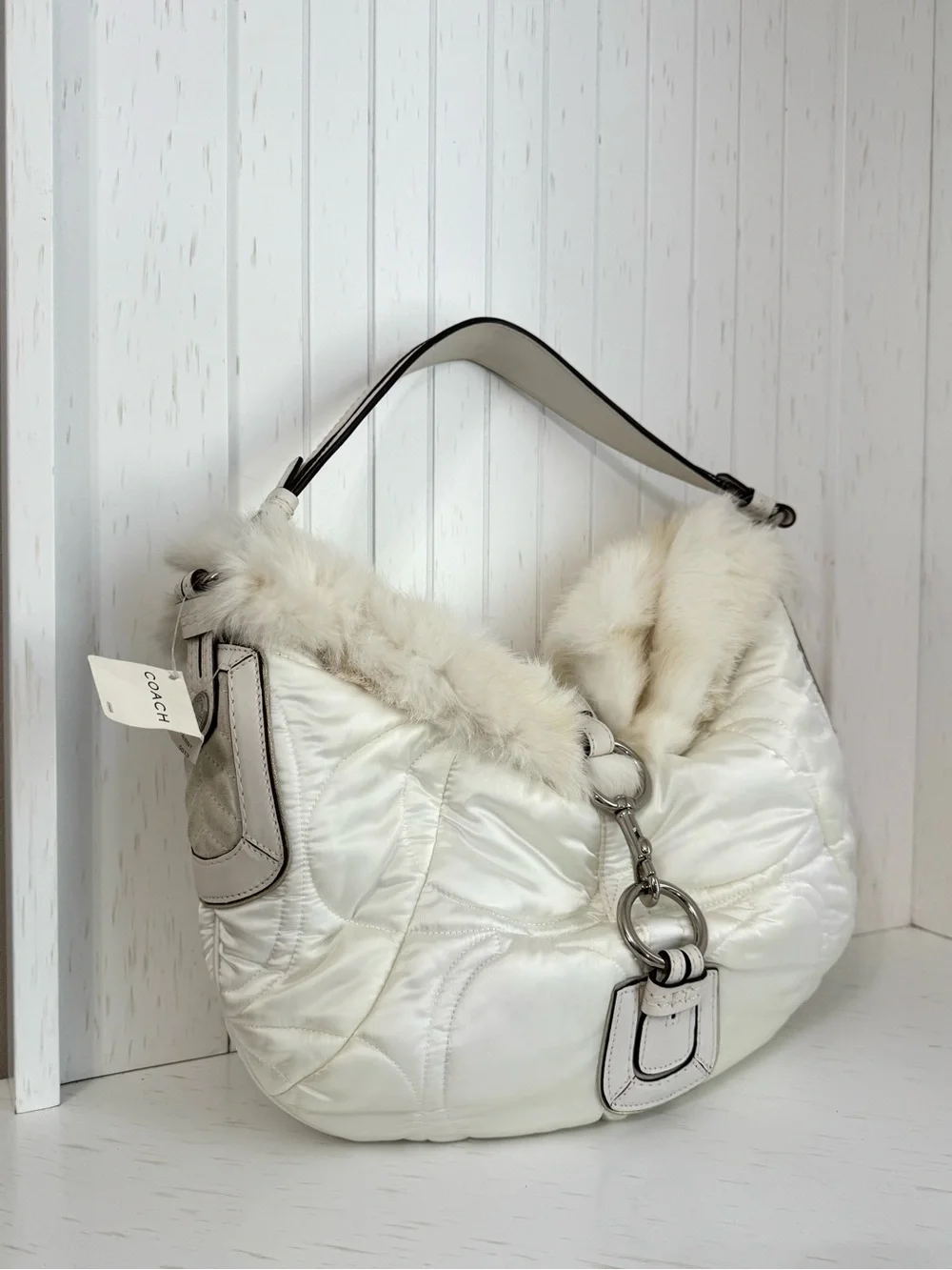 NWT, Y2K, Coach, Vintage, SoHo Ski, Cream Satin, Fur-Trim, Shoulder Bag